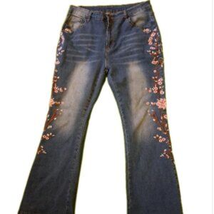 Women's 1X Dark Stretch Flar Wide Leg Embroidered Boho Hippie Mid-Rise Jeans